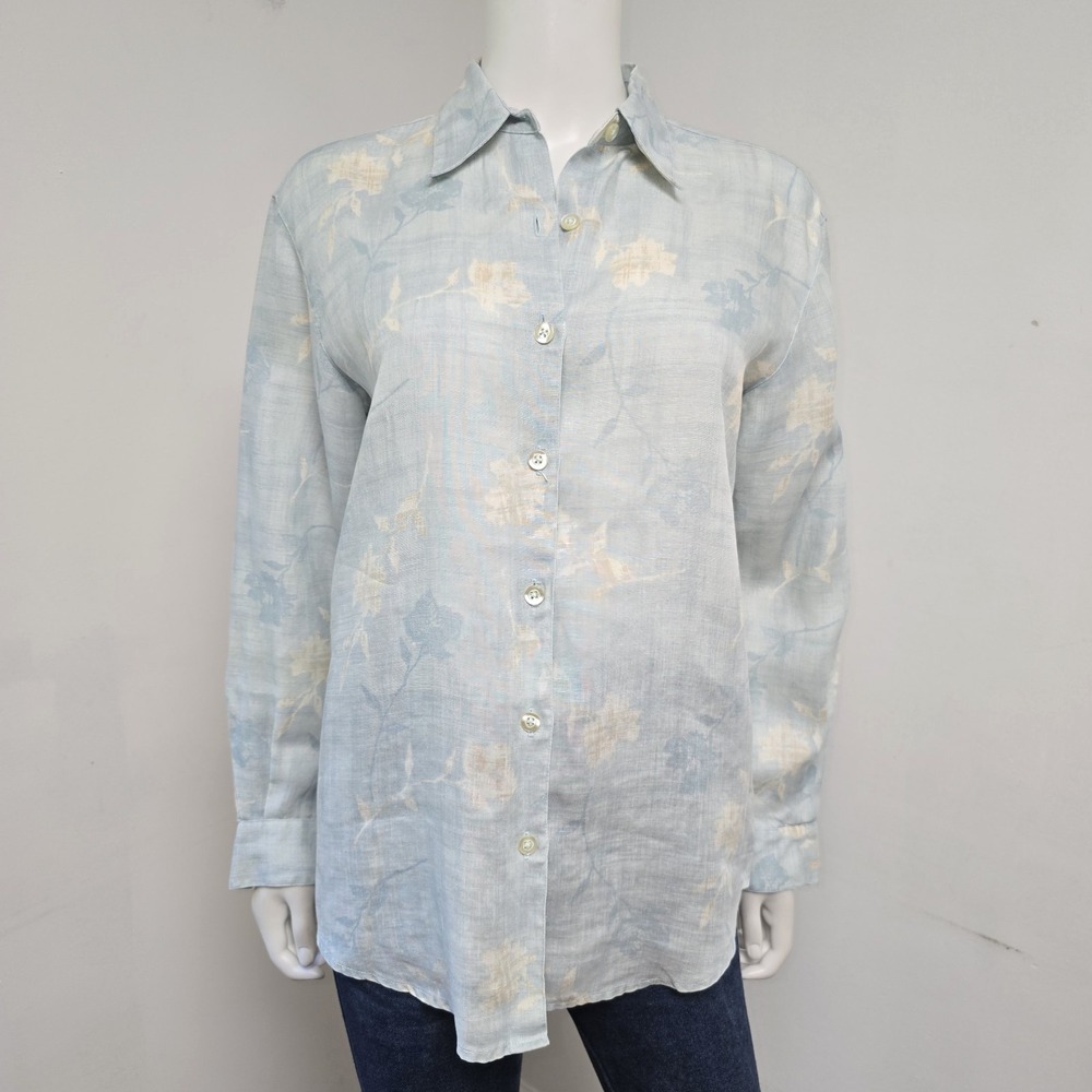 Liz Claiborne LizSport Shirt 100% Irish Linen Floral Long Sleeve Button Down